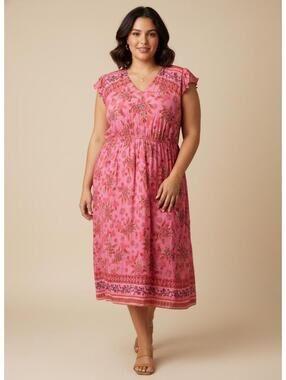 Rusttydustty Bohemian Pink Floral Maxi Dress with Ruffle Sleeves 2XL